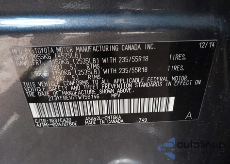 2015 Toyota Rav4 Limited z USA, uszkodzony, nr VIN 2T3YFREV7FW156146